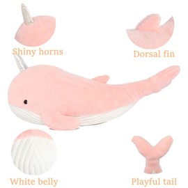 Tezituor Narwhal Stuffed Animal Pink Narwhal Plushie Whale Plush Toy Hugging Pillow for Girls Kids, 24 inch