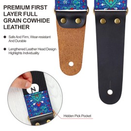 Nefelibata Guitar Strap, Cotton Vintage Embroidered Guitar Straps with Genuine Leather Ends for Bass, Electric, Acoustic Guitars, Free Strap Button, Strap Locks and Guitar Picks