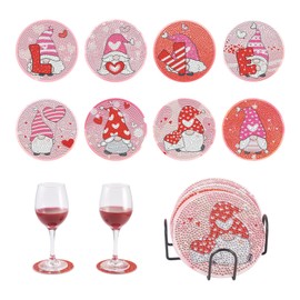 Craftdady 8 Pieces DIY Diamond Painting Coasters 5D Diamond Cup Mat Art Kits Pink Gnome with Metal Coaster Holder for Beginners Adults DIY Coaster Craft