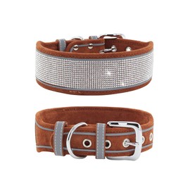 haoyueer Rhinestone Dog Collar, Dazzling Sparkling Soft Suede Reflective Large Dog Collar Crystal Diamond Collar for Medium & Large Dogs (M:19-23", Brown)