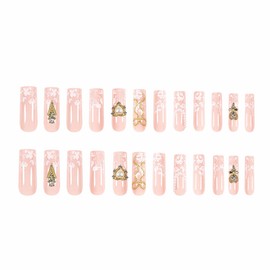 MERVF Long Press on Nails Square Fake Nails White Print French Tip Glue ons Nail Gold Charms 3D Design Squoval Acrylic Luxury Manicure Glossy 24pcs