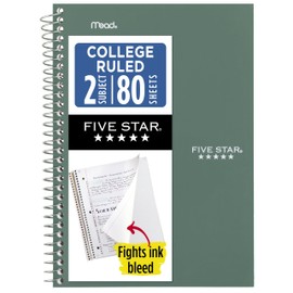 Five Star Spiral Notebook, 2 Subject, College Ruled Paper, 6" x 9-1/2", 80 Sheets, Fights Ink Bleed, Water Resistant Cover, Seaglass Green (840029CH1-ECM)
