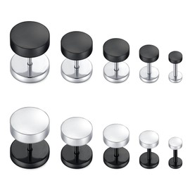 LAURITAMI 5 Pairs 16G Stainless Steel Stud Earrings Set Hoop Earrings Fake Ear Plugs Black Silver Screw Helix Tragus Piercing 4-12 mm, Stainless Steel