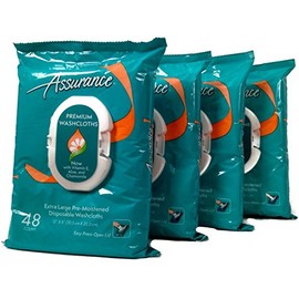 Assurance Premium Pre-moistened Disposable Washcloths, Extra Large, 48ct, Multipack of 4 (192 Wipes Total)