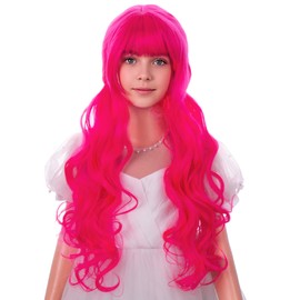 Kids Hot Pink Wig Girls Long Pink Curly Wigs with Bangs