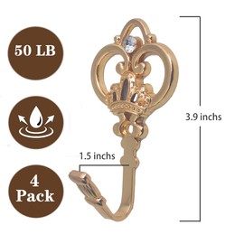 4 Pack Vintage Drapery Curtain Tieback Hooks Holdbacks Classic Crown Shape Metal Curtain Tiebacks Wall Mounted Hooks for Hanging Coats (Golden)