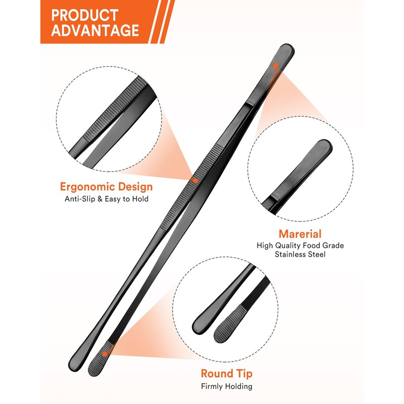 Kitchen Tweezers, Round Tip Tweezer Tongs For Cooking, Black Stainless