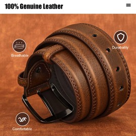 FIORETTO Men's Genuine Leather Belts, Double Stitched Dress Belts, Fashion & Classic Designs for Work Business and Casual Saddle Brown