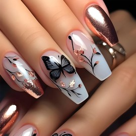 French Tip Press on Nails Long Coffin OFDNE Ombre Fake Nails Pink White False Nails with Butterfly Flower Rose Gold Glitter Designs Glossy Glue on Nails Acrylic Nails for Women Girls 24 Pcs