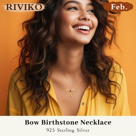 RIVIKO Bow Feb Birthstone Necklace for Women,925 Sterling Silver Gold Plated Bow Pendant Trendy,Dainty Bowknot Choker Jewelry Anniversary Birthday Gifts for Her Wife Girlfriend Daughter