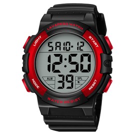 caprock Digital Watches for Men with Luminous Function, 5 ATM Waterproof, Men's Digital Watch, Sports Watch with Rubber Strap, LED Indicator/Alarm/Stopwatch, black/red, Strap.