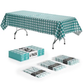 Picnic Table Cover - 6 Pack Premium Rectangle Plastic Tablecloth - Teal & White Checkered BBQ Plastic Table Cover - Gingham Checkerboard Disposable Plastic Tablecloth 54" x 108" Rectangle -Exquisite