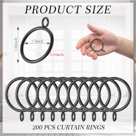 Maitys 200 Pcs Metal Curtain Rings with Eyelet 1.5-inch Inner Diameter Eyelet Curtain Rings for Drapery Clips Hooks for Sliding Window Bathroom Door Shower Rod (Black)