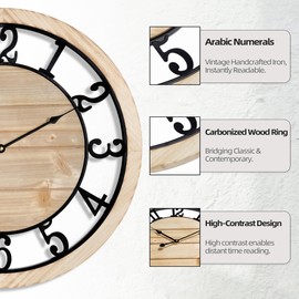 LEIKE 20 Inch Large Wall Clock - Rustic Wooden Silent Non-Ticking Wall Clock with Black Metal Frame, Vintage Farmhouse Decorative for Living Room, Bedroom, Kitchen - Arabic Numerals, Modern Design