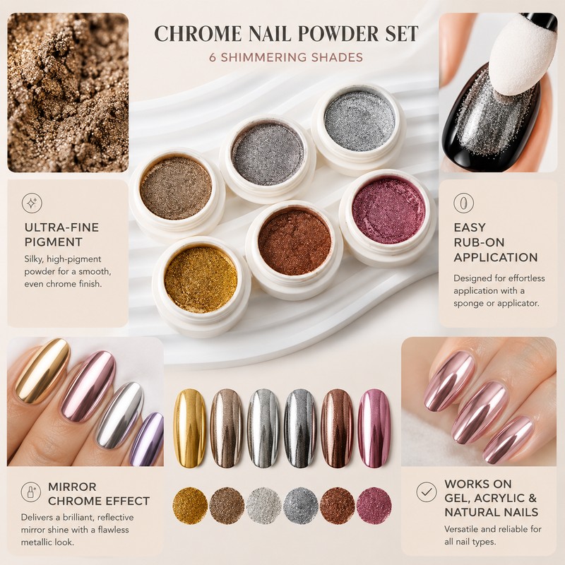 6-Piece Chrome Nail Powder Set for Manicure Art – Metallic
