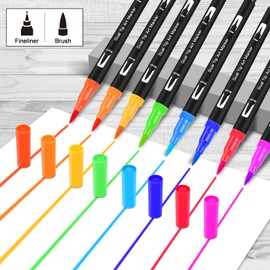 Dual Brush Pen Set, 24 Colours, Brush Pens, Felt Tip Pens for Children, Bullet Journal, Hand Lettering, Watercolour, Mandala, Calligraphy, Manga, Adults, Double Fibre Tip Pens [1-2 mm] and Fineliner
