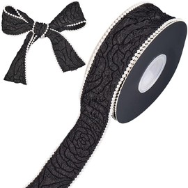 CABODYALS 1.5 Inch Black Ribbon with Pearls Pleated Ruffle Chiffon Fishtail Pearl Edge Bead Soild Fabric Ribbons Trim Bulk Roll for Sewing Making Crafts Gift Wrapping Wedding Flower Bouquets Decor DIY