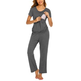 Ekouaer Women Nursing Pajama Set for Breastfeeding Maternity Sleepwear Side Ruched Pregnant Tops with Long Pants Sets Dark Grey S