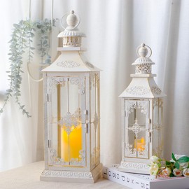 TRIROCKS Set of 2 Decorative Lanterns 21.5'' & 16" H Vintage Hanging Tower Lantern Metal Candle Holder with Tempered Glass for Indoor Outdoor Home Decor Parties Garden Wedding (White with Gold Brush)