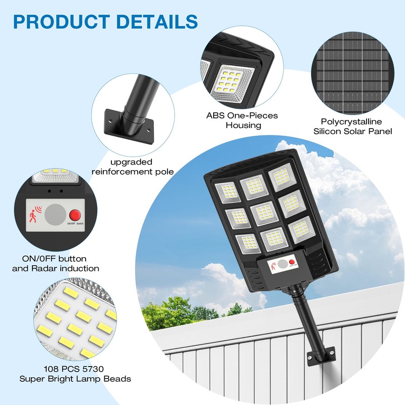 Solar Lights Outdoor,IP66 Waterproof Solar Street Lights Outdoor,6500K LED Dusk