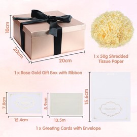 Gift Box Set, Rose Gold Gift Box with Lid, Small Gift Box with Bow, 20 x 20 x 10 cm, Gift Box, Tipped Tissue Paper, Greeting Cards for Christmas, Birthday, Wedding Anniversary