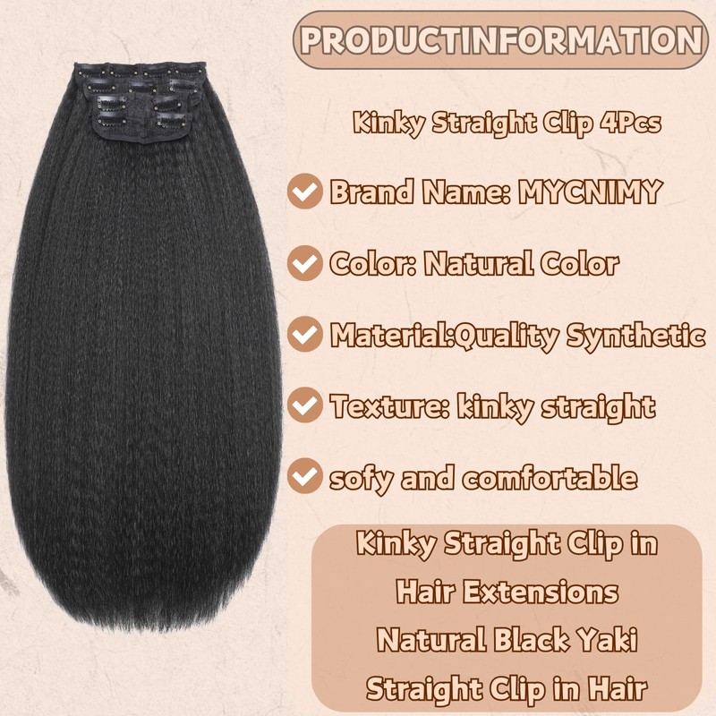 Kinky Straight Clip in Hair Extensions 22 Inch for Black