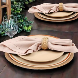 Set of 4 Linen Bidding Cloth Napkins 18x18 - Reusable Washable Fabric Dinner Napkins with Mitered Corners, Flax Cotton Blend, Long-Lasting Durability, Perfect for Everyday Use - Peach