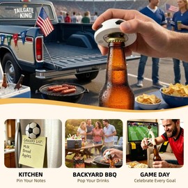 Soccer Ball Magnetic Bottle Opener, Wooden Fridge Magnet Beer Opener, Game Day, BBQ & Tailgating Accessory, Includes 2 Mesh Pouches & Carabiner, Gift for Soccer Fans