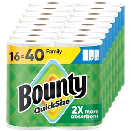 Bounty Paper Towels Quick Size, White, 16 Family Rolls = 40 Regular Rolls