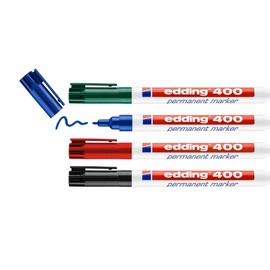 edding 400 Permanentmarker - schwarz, rot, blau, grün - 4 Stifte - feine Rundspitze 1 mm - wasserfest, schnell-trocknend - wischfest - für Karton, Kunststoff, Holz, Metall, Glas
