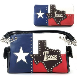 Justin West Texas Red White Blue Flag Patriotic Chain Shoulder Concealed Carry Handbag Purse Trifold Wallet (Purse Wallet Set)