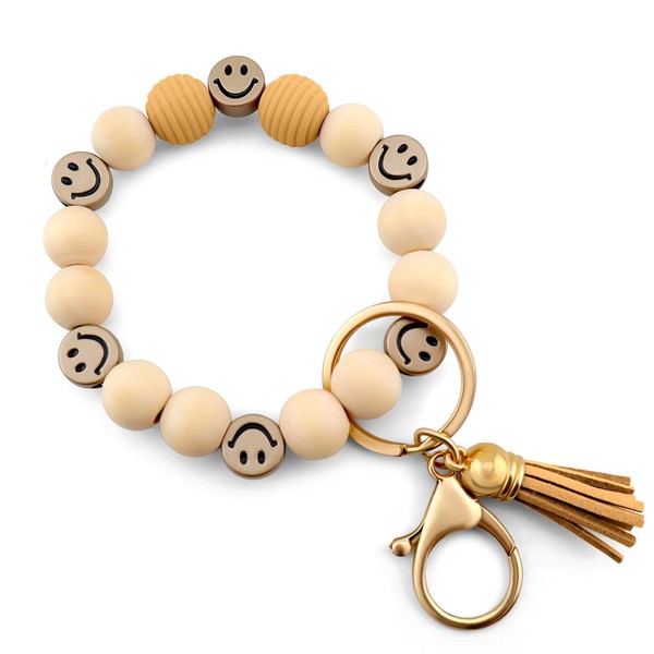 MyfavoriteK Tassel Smile Key Chain Bracelet for Women Wooden Happy