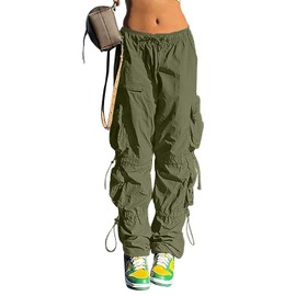 QYANGG Baggy Parachute Pants for Women& Girls Drawstring Elastic Low Waist Ruched Cargo Pants Multiple Pockets Jogger Y2K Green