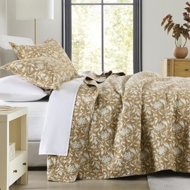 Finlonte Quilt King Size 100% Cotton Lightweight Soft King Quilt Vintage Botanical Quilted Bedspread Khaki Floral Reversible Quilt Bedding Set 3 Pieces