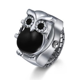 JewelryWe Women Men Finger Watch Stylish Owl Flip-Open Cover Quartz Analog Ring Watches, Adjustable Size,