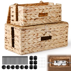 2 Pack Cable Management Box with Lid, Handwoven Water Hyacinth Cord Organizer, 4 Side Open Slots Cable Hider for Power Strips, Cords & Wires, Desk/Floor/Office Storage Box to Hide Electronics Clutter