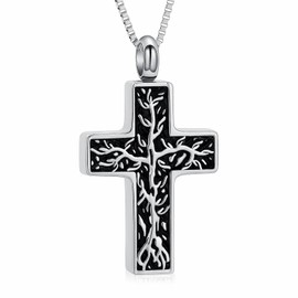 XSMZB Cross Urn Necklace for Ashes for Women Men Tree of Life Cross Cremation Jewelry Keepsake Pendant for Ashes of Loved One(Silver)