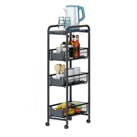 4-Tier Metal Storage Rolling Cart Slide Out Storage Organizer Tower,Narrow Slim Storage Cart Organizer Cart Mobile Shelving Unit W/Handle Black Utility Cart with Wheels for Kitchen Bathroom Laundry
