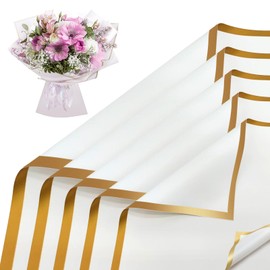 Flower Wrapping Paper, 20 Sheets Waterproof Gold Edge Floral Bouquet Gift Wrapping Paper Double Sided Flower Paper for Bouquets