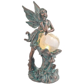 TERESA'S COLLECTIONS Fairy Garden Statues Solar Outdoor Light for Garden Decor, Patina Bronze Fairy Sculptures with Crackle Glass, Garden Gifts for Mom Birthday Lawn Ornaments for Yard Decor 12.4"