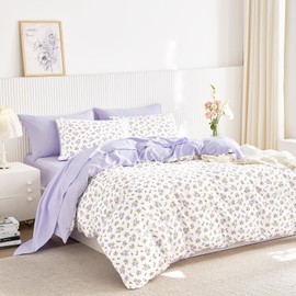Wake In Cloud - Floral Comforter Set with Sheets, Coquette Cottagecore Aesthetic Flower Shabby Chic Pattern for Women Teen Girls, 5 Pieces Bed in a Bag, White Purple, Twin Size
