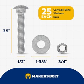 1/2" x 3.5" (25 Pack) Galvanized Carriage Bolt Kit Grade 307A Includes 1/2" USS Flat Washers (25 pcs) and 1/2"-13 Hex Nuts (25 pcs), Hot Dip Galvanized for Exterior Use by Makers Bolt