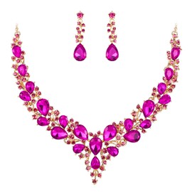 BriLove Bridal Jewelry Set for Wedding Women's Austrian Crystal Teardrop Cluster Statement Necklace Dangle Earrings Fuchsia Gold-Tone