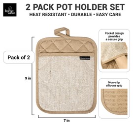Homewear Marlow Silicone Pot Holder 2 Piece Set, Heat and Slip Resistant, Recycled Cotton Pocket, Thick Cooking and Baking Trivet, Tan