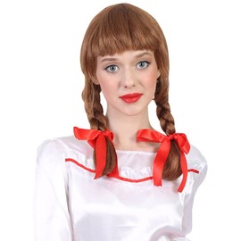 Adult Brown Possessed Doll Braided Pigtail Wig with Bows, Synthetic Soft Fiber Hair, Perfect for your next Festival and Group Anime Party! (Brown)