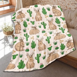Jackalope Throw Blankets,Jackalopes Gifts for Women Men,Soft Lightweight Plush Animal Quilts with Cactus Print for Bedroom Sofa Room Decoration 80"x 60" Large for Adult