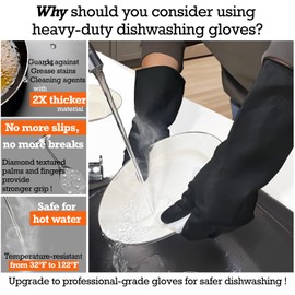 Exprosiflux Black Thick Rubber Cleaning Gloves - 2 Pairs of Extra-Large, Reusable, Non-Slip, Heavy-Duty, Waterproof Gloves for Dishwashing and Kitchen Cleaning