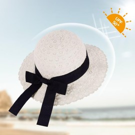 GNEGNI LIFE Straw Sun Hat Girls, Foldable Summer Beach Hat for Kids 2.8 inch Wide-Brim Sun Hat with Bowknot Floppy Portable Visor Hats for Holiday, Travel 2-5 Years Old (Lace Beige)