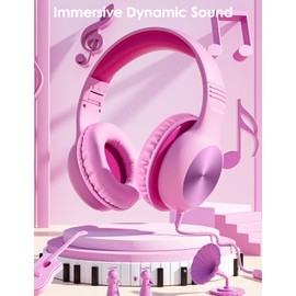Nabevi Kids Headphones, Childrens Headphones with Microphone, 85dB/94dB Volume Limit, HD Sound, Sharing Function, Adjustable Foldable Wired Toddler Headphones for School/Travel/PC/Phone/Kindle, Pink