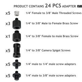 24 Pcs Camera Screw Adapters with Organized Box, 1/4 to 1/4 and 1/4 to 3/8 Tripod Mount Converter Set for Camera Mount, Monopod, Ballhead, Flash Light Stand